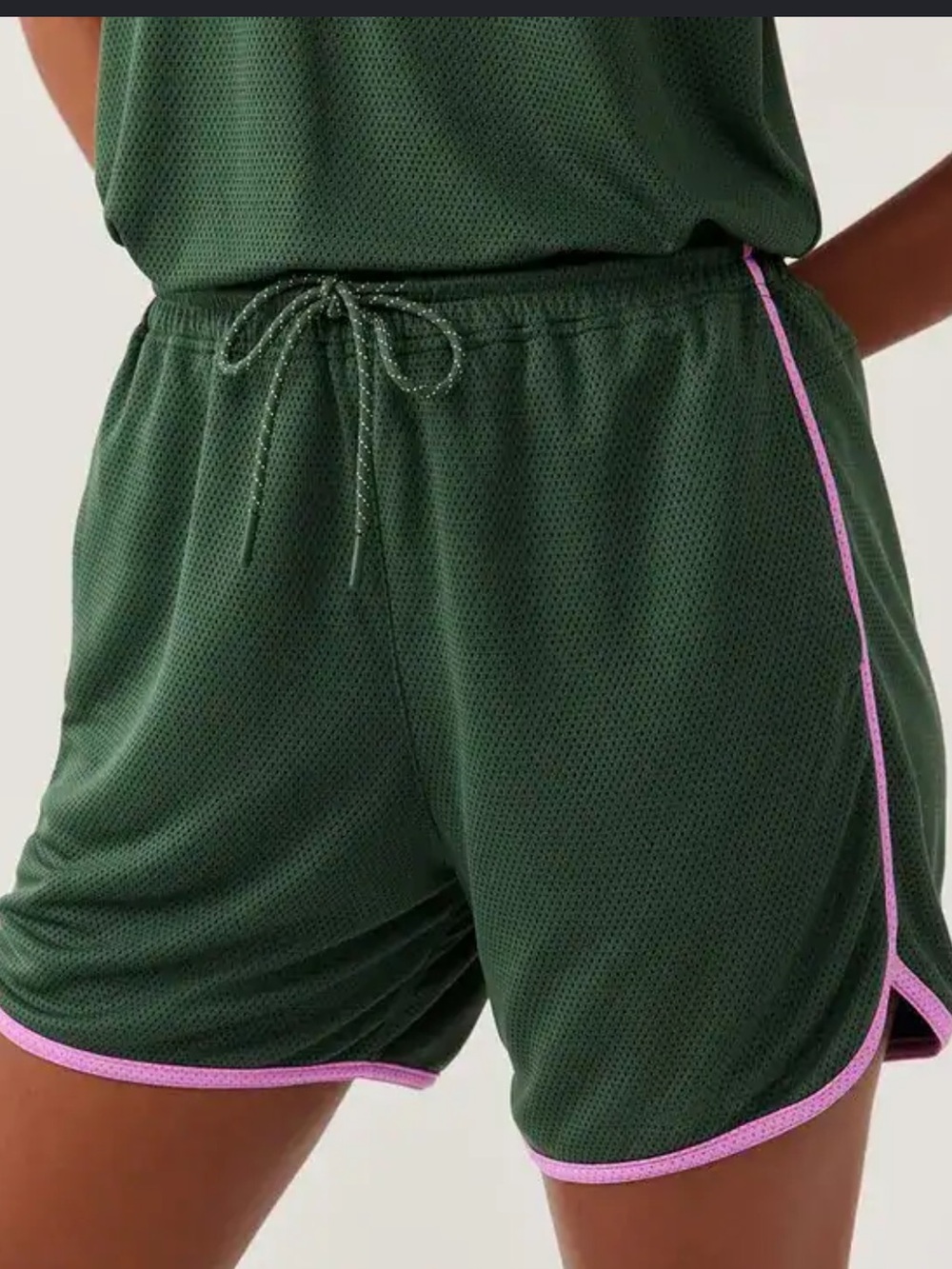 Outdoor Voices Evergreen Mesh Shorts with Purple Trim